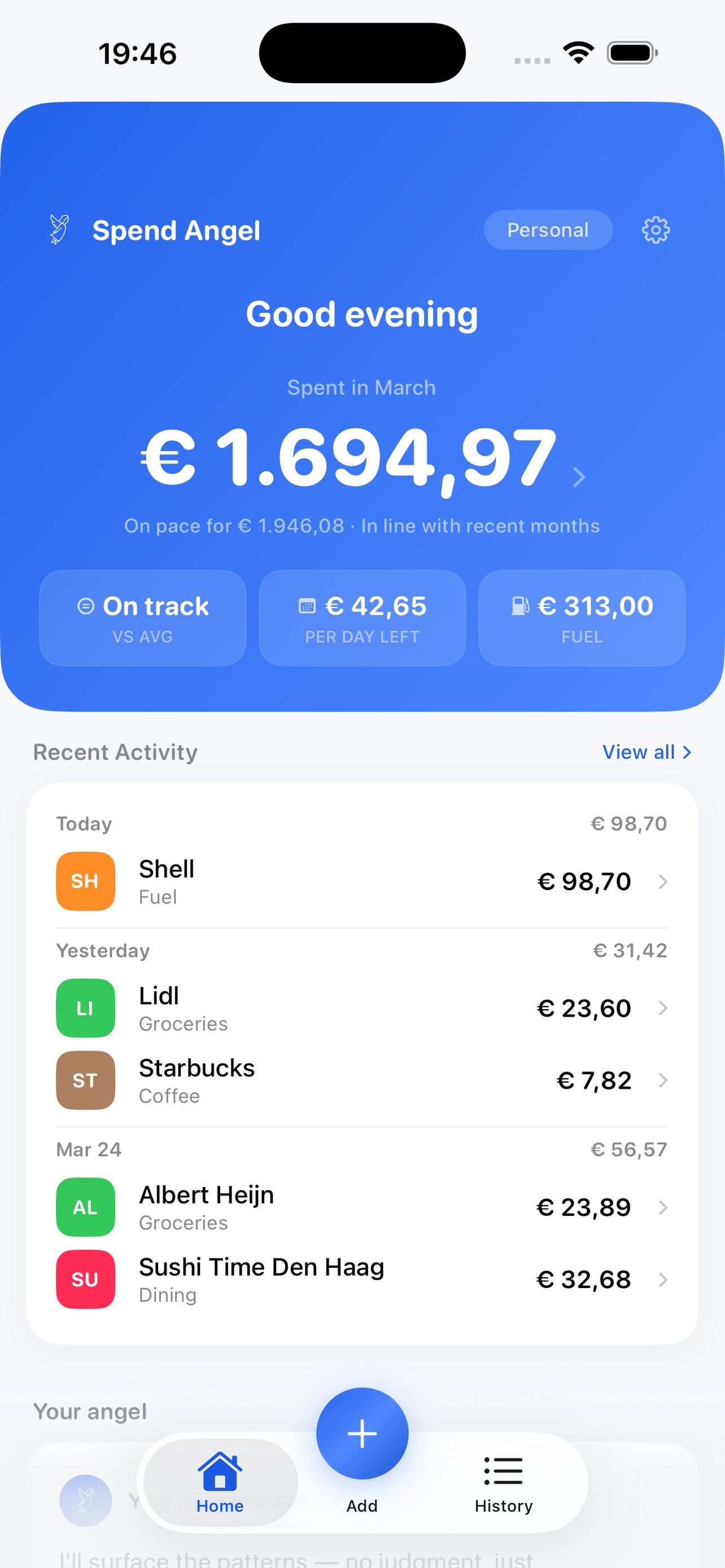 Spend Angel home screen showing monthly spending overview, recent transactions, and smart insights